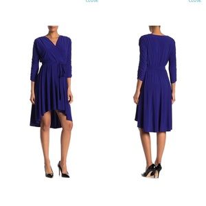 Eliza J Blue Dress Faux Wrap Hi Low Hem.
